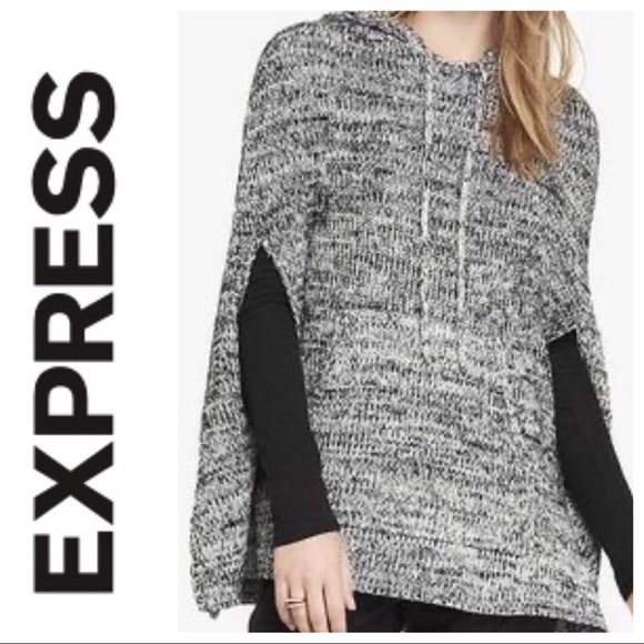 EXPRESS BLACK WHITE MOHAIR WOOL HOODIE PONCHO LARGE - Picture 1 of 12